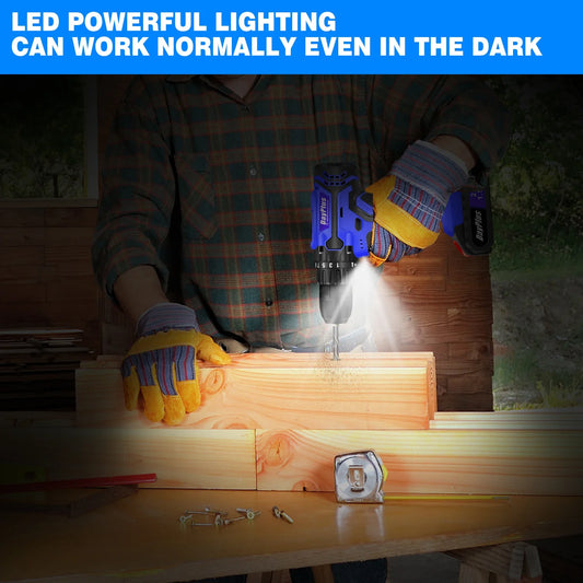 Cordless Drill Kit Electric Screwdriver Kit, 45Nm Cordless Combination Drill, LED Work Light, Home and Garden DIY Project Kit