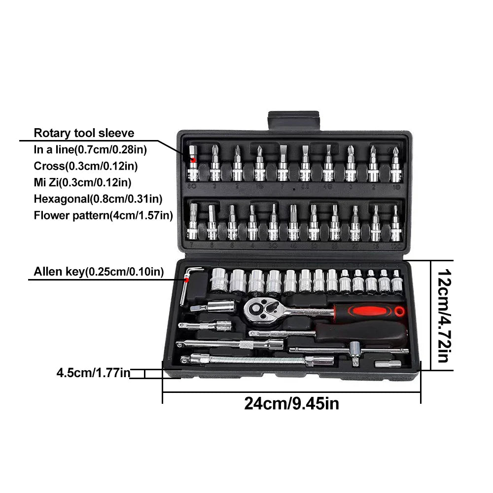 46PCS Ratchet Wrench Tool Set 1/4 Metric Socket Wrench Household Manual Repair Tools for Bike Repair