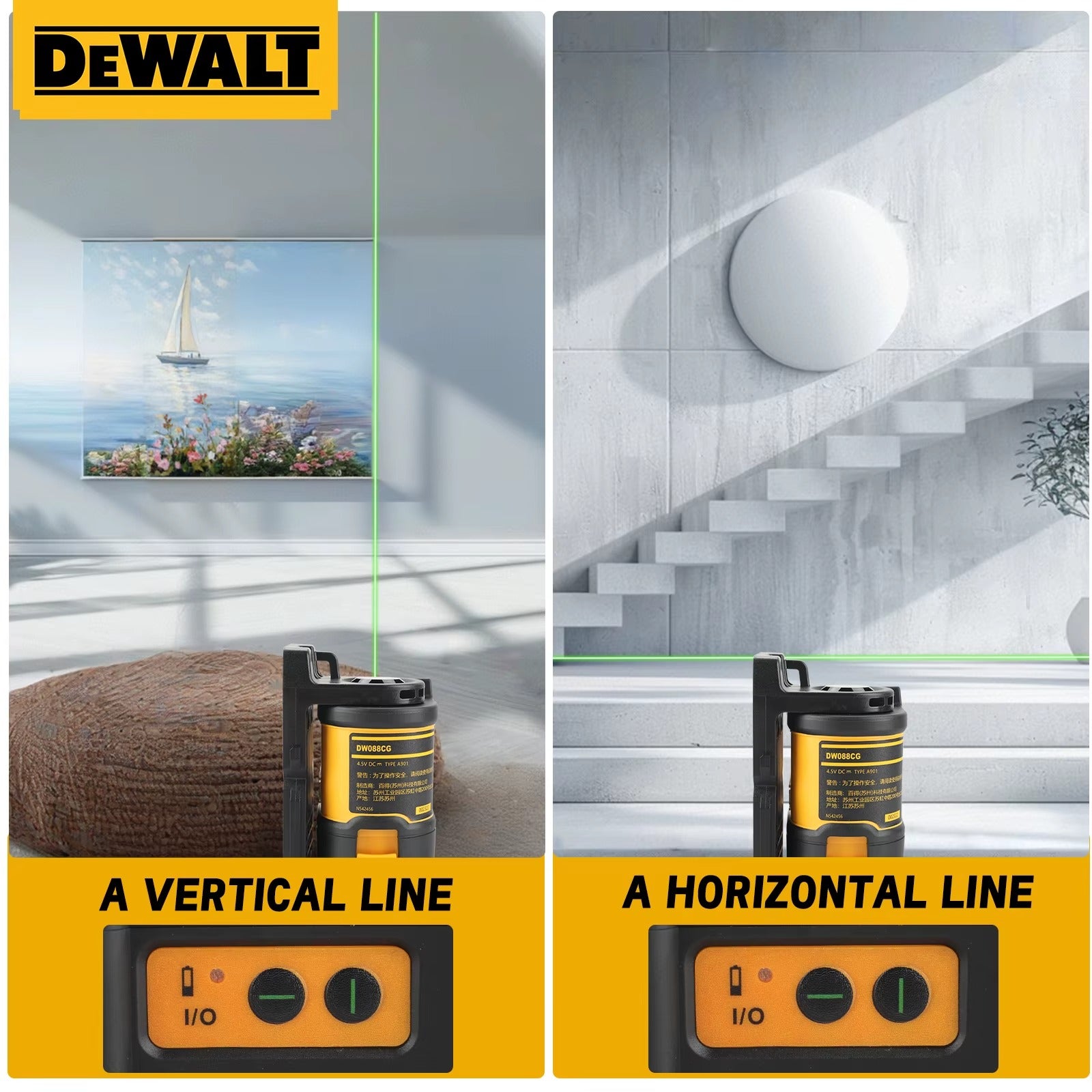 DEWALT Laser Level 2-Line Cross Line Green Light Automatic Leveling High Precision Horizontal Vertical Laser Level DW088CG